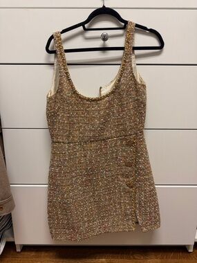 Self-Portrait Gold Tweed Midi Dress with Multicolor Fleck
